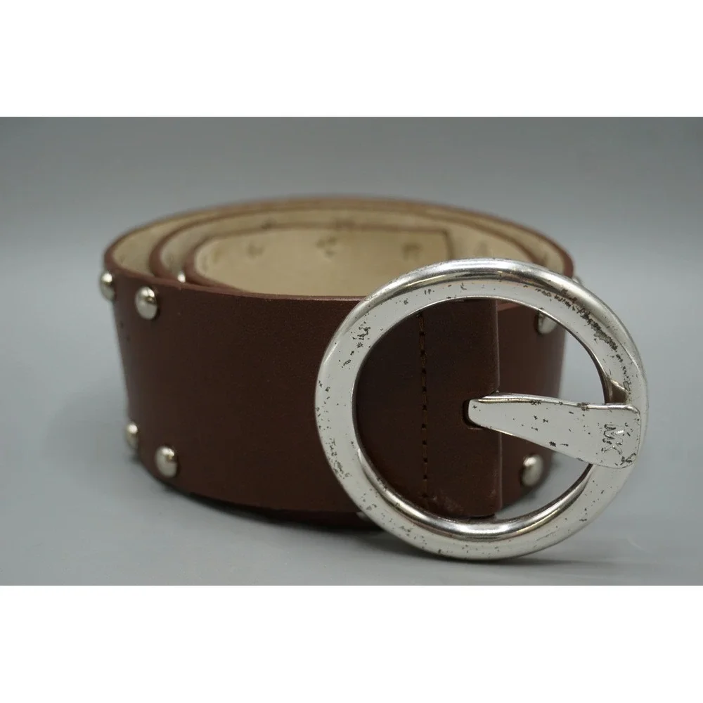 Michael Kors Brown‎ Leather Studded Wide Belt Silver Round Buckle 551634 Small